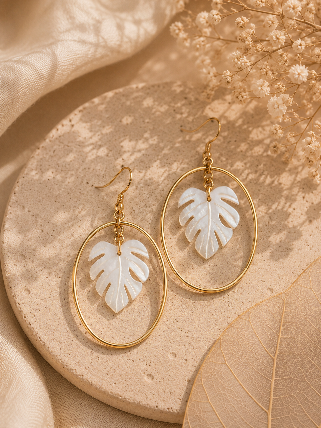 Mother of Pearl Pothos Leaf Hoop Earrings