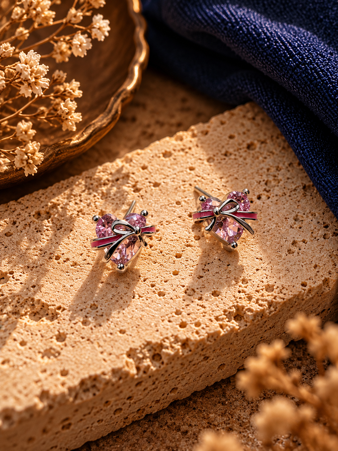 Pink Heart Ribbon Bow Stud Earrings