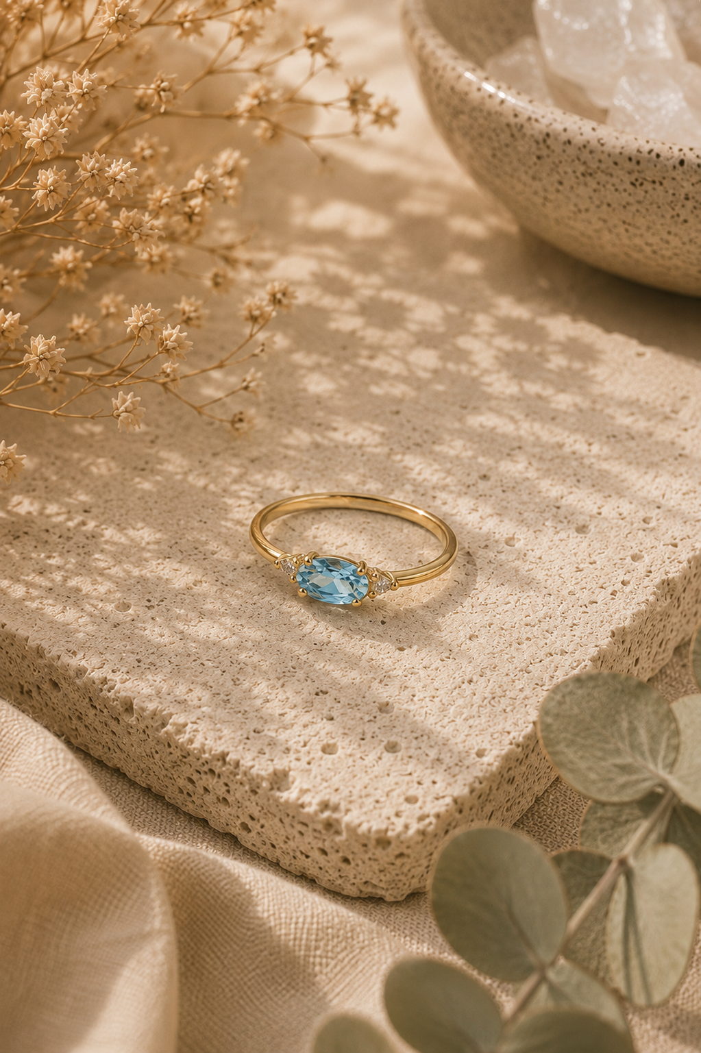 Oval cut Blue Gemstone Thin Band Ring