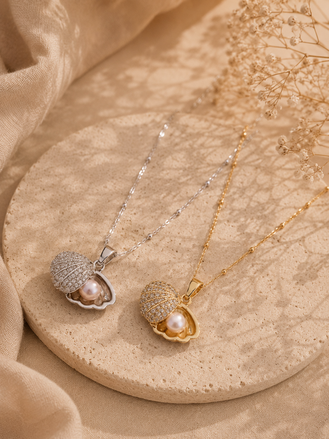 Seashell Pearl Pendant Necklace in Stainless Steel