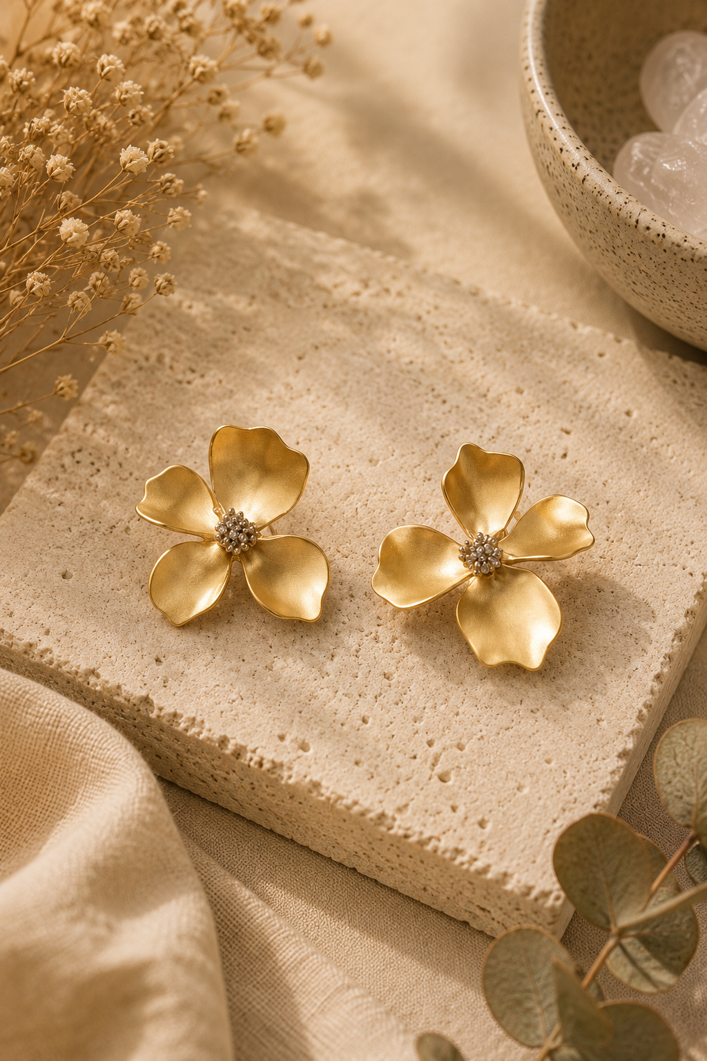 Gold Flower Petal Silver Post Stud Earrings