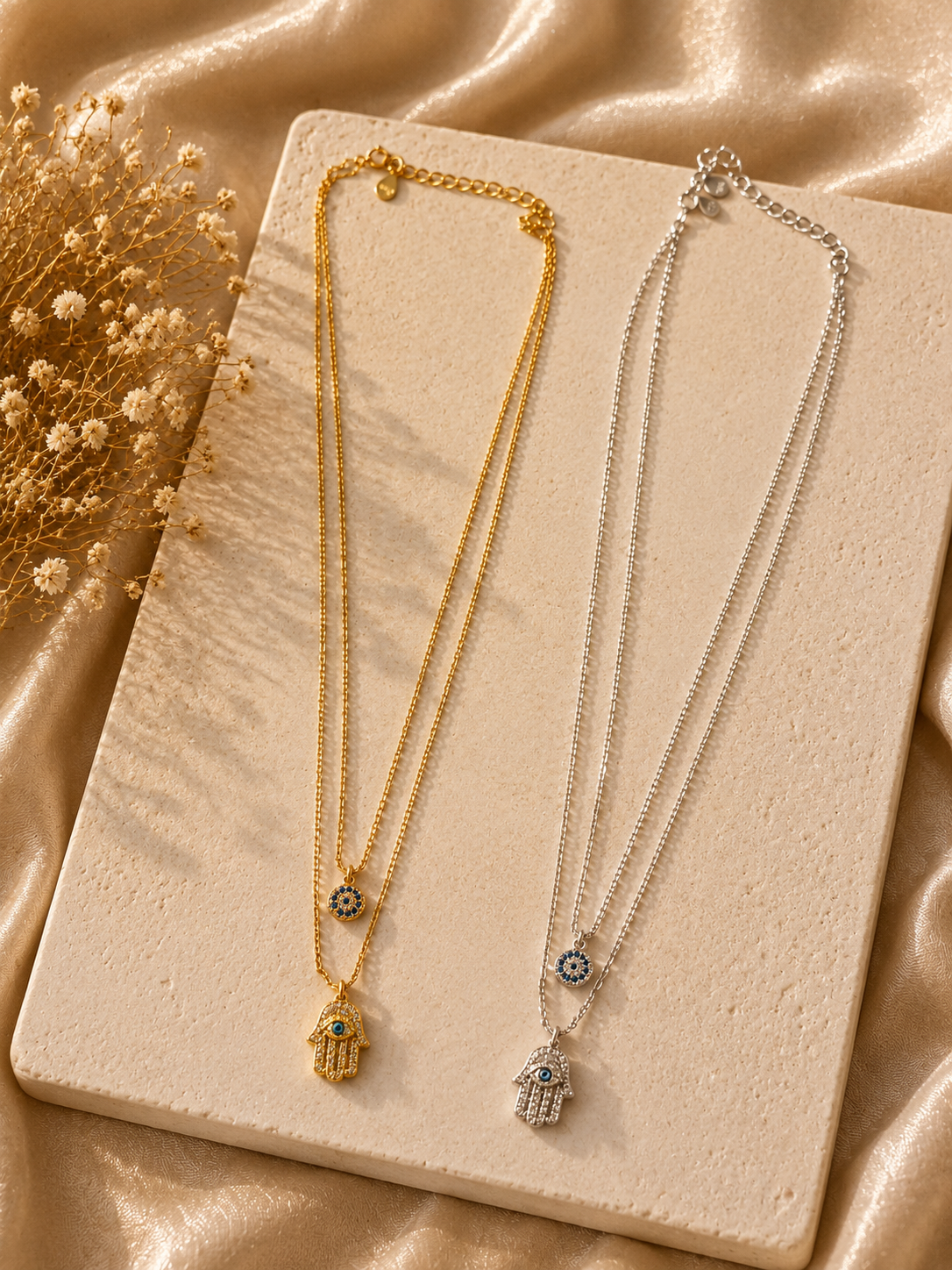 Evil Eye Hamsa Double Chain Necklace