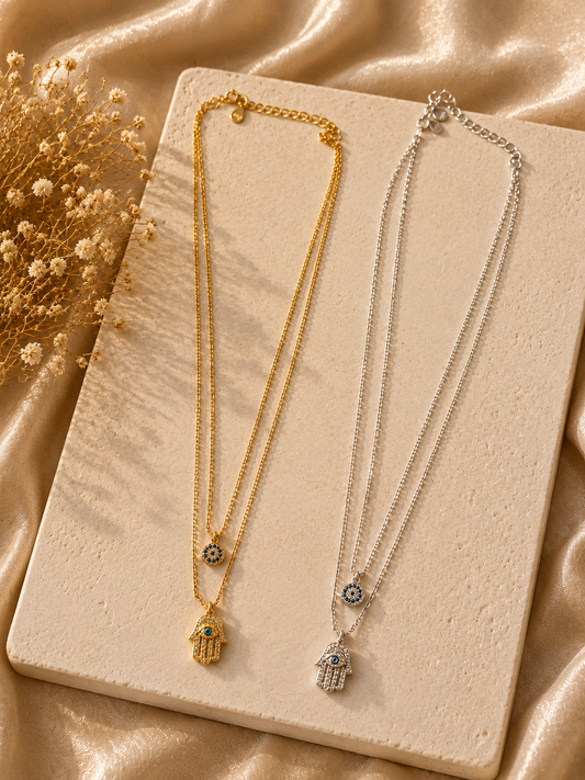 Evil Eye Hamsa Double Chain Necklace