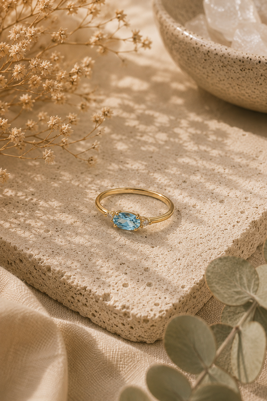 Oval cut Blue Gemstone Thin Band Ring